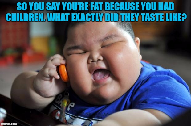 fat kid | SO YOU SAY YOU’RE FAT BECAUSE YOU HAD CHILDREN. WHAT EXACTLY DID THEY TASTE LIKE? | image tagged in fat kid,mom,funny,funny memes,fat,children | made w/ Imgflip meme maker