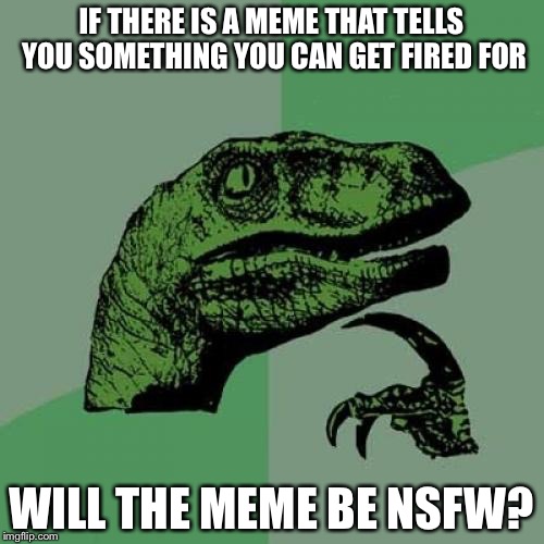 Philosoraptor Meme | IF THERE IS A MEME THAT TELLS YOU SOMETHING YOU CAN GET FIRED FOR; WILL THE MEME BE NSFW? | image tagged in memes,philosoraptor | made w/ Imgflip meme maker