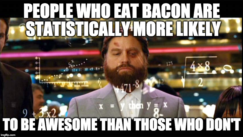 The numbers don't lie. | PEOPLE WHO EAT BACON ARE STATISTICALLY MORE LIKELY; TO BE AWESOME THAN THOSE WHO DON'T | image tagged in math,bacon,awesome | made w/ Imgflip meme maker