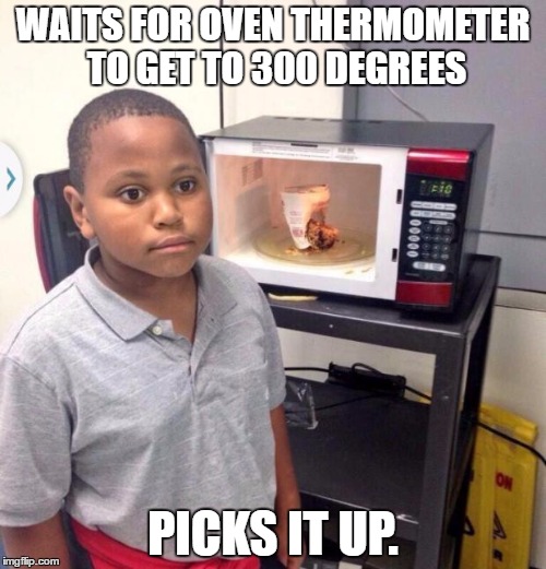 Minor Mistake Marvin | WAITS FOR OVEN THERMOMETER TO GET TO 300 DEGREES; PICKS IT UP. | image tagged in minor mistake marvin,AdviceAnimals | made w/ Imgflip meme maker