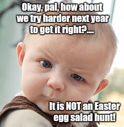 Smashing idea!!  | Okay, pal, how about we try harder next year to get it right?.... It is NOT an Easter egg salad hunt! | image tagged in memes,skeptical baby | made w/ Imgflip meme maker