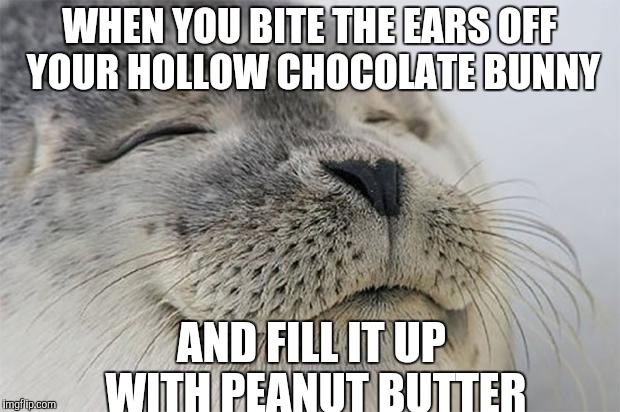Satisfied Seal | WHEN YOU BITE THE EARS OFF YOUR HOLLOW CHOCOLATE BUNNY; AND FILL IT UP WITH PEANUT BUTTER | image tagged in memes,satisfied seal | made w/ Imgflip meme maker