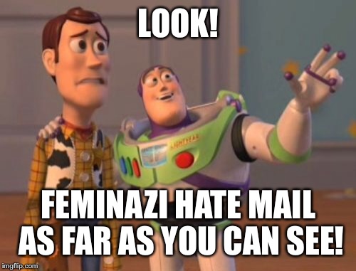 X, X Everywhere Meme | LOOK! FEMINAZI HATE MAIL AS FAR AS YOU CAN SEE! | image tagged in memes,x x everywhere | made w/ Imgflip meme maker