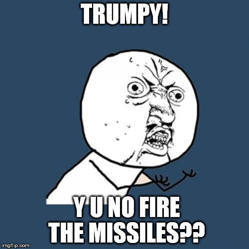 Popular Meme Roll #10 - Y U No | TRUMPY! Y U NO FIRE THE MISSILES?? | image tagged in memes,y u no,donald trump,tomahawk | made w/ Imgflip meme maker