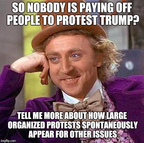 Creepy Condescending Wonka | SO NOBODY IS PAYING OFF PEOPLE TO PROTEST TRUMP? TELL ME MORE ABOUT HOW LARGE ORGANIZED PROTESTS SPONTANEOUSLY APPEAR FOR OTHER ISSUES | image tagged in memes,creepy condescending wonka | made w/ Imgflip meme maker