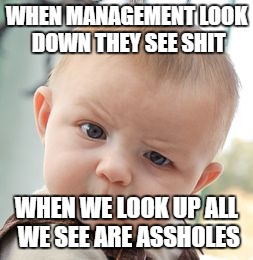 Skeptical Baby Meme | WHEN MANAGEMENT LOOK DOWN THEY SEE SHIT; WHEN WE LOOK UP ALL WE SEE ARE ASSHOLES | image tagged in memes,skeptical baby | made w/ Imgflip meme maker