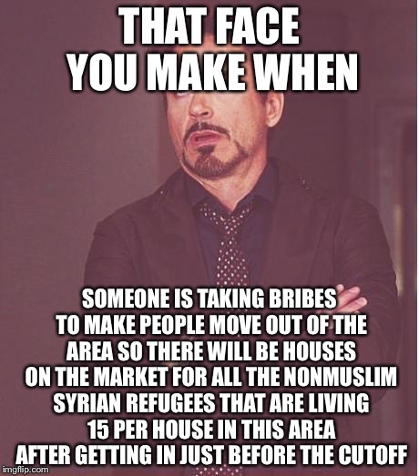 Face You Make Robert Downey Jr | THAT FACE YOU MAKE WHEN; SOMEONE IS TAKING BRIBES TO MAKE PEOPLE MOVE OUT OF THE AREA SO THERE WILL BE HOUSES ON THE MARKET FOR ALL THE NONMUSLIM SYRIAN REFUGEES THAT ARE LIVING 15 PER HOUSE IN THIS AREA AFTER GETTING IN JUST BEFORE THE CUTOFF | image tagged in memes,face you make robert downey jr,antichrist | made w/ Imgflip meme maker