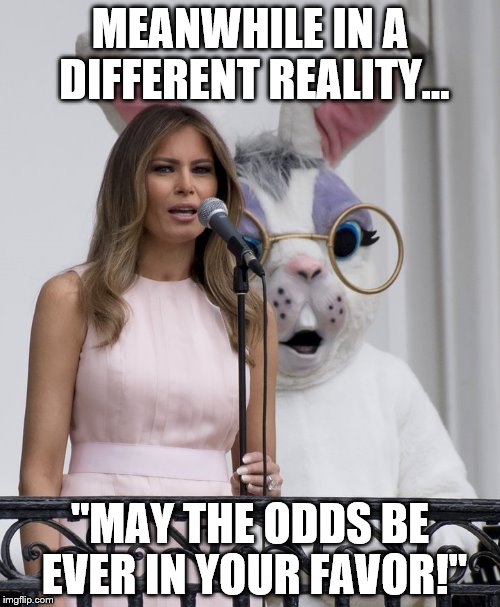 Trumptopia | MEANWHILE IN A DIFFERENT REALITY... "MAY THE ODDS BE EVER IN YOUR FAVOR!" | image tagged in trump hunger games,hunger games,dystopia,wasteland | made w/ Imgflip meme maker