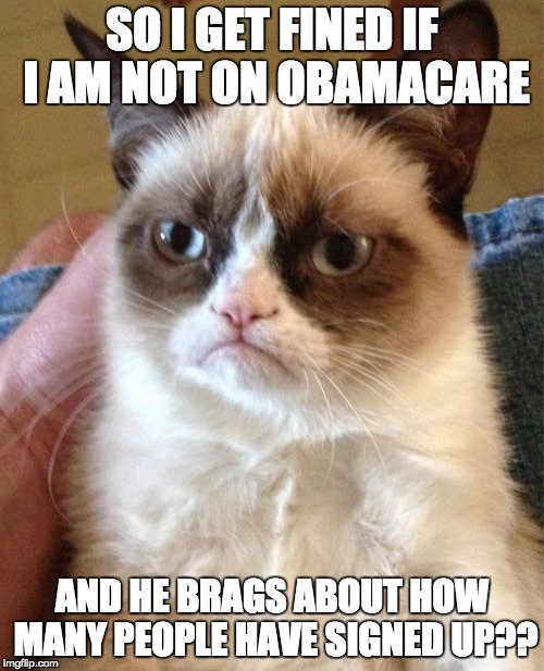 Grumpy Cat Meme | SO I GET FINED IF I AM NOT ON OBAMACARE; AND HE BRAGS ABOUT HOW MANY PEOPLE HAVE SIGNED UP?? | image tagged in memes,grumpy cat | made w/ Imgflip meme maker