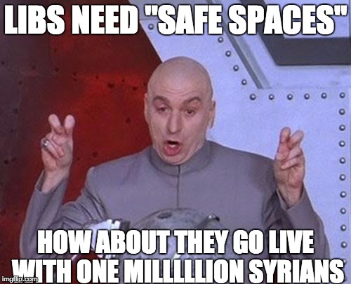 Dr Evil Laser Meme | LIBS NEED "SAFE SPACES"; HOW ABOUT THEY GO LIVE WITH ONE MILLLLLION SYRIANS | image tagged in memes,dr evil laser | made w/ Imgflip meme maker