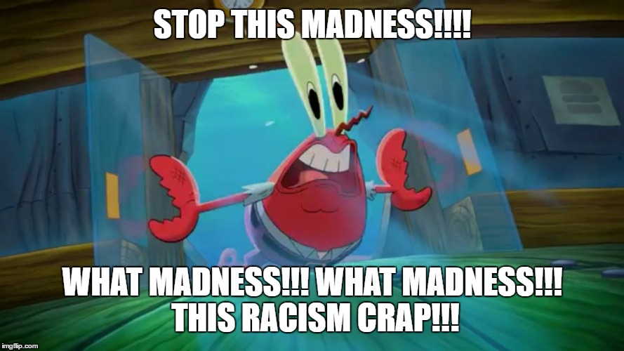 Mr crabs door push | STOP THIS MADNESS!!!! WHAT MADNESS!!! WHAT MADNESS!!! THIS RACISM CRAP!!! | image tagged in mr crabs door push | made w/ Imgflip meme maker