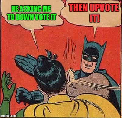 Batman Slapping Robin Meme | HE ASKING ME TO DOWN VOTE IT THEN UPVOTE IT! | image tagged in memes,batman slapping robin | made w/ Imgflip meme maker