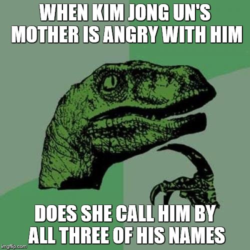 Philosoraptor | WHEN KIM JONG UN'S MOTHER IS ANGRY WITH HIM; DOES SHE CALL HIM BY ALL THREE OF HIS NAMES | image tagged in memes,philosoraptor,kim jong un | made w/ Imgflip meme maker