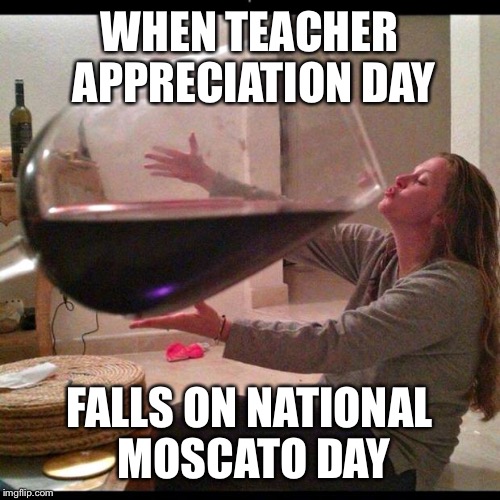 Wine Drinker | WHEN TEACHER APPRECIATION DAY; FALLS ON NATIONAL MOSCATO DAY | image tagged in wine drinker | made w/ Imgflip meme maker