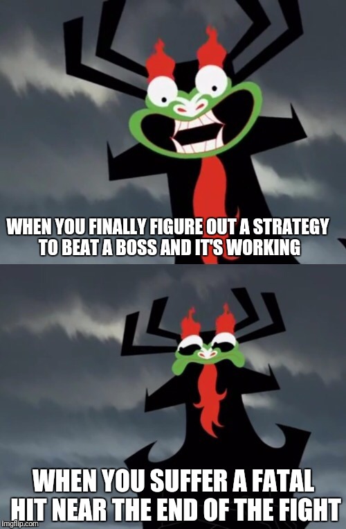 I hate when the tides turn like this! | WHEN YOU FINALLY FIGURE OUT A STRATEGY TO BEAT A BOSS AND IT'S WORKING; WHEN YOU SUFFER A FATAL HIT NEAR THE END OF THE FIGHT | image tagged in dissatisfied aku,bossfight,video games | made w/ Imgflip meme maker