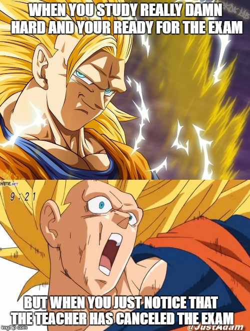 dragon ball super | WHEN YOU STUDY REALLY DAMN HARD AND YOUR READY FOR THE EXAM; BUT WHEN YOU JUST NOTICE THAT THE TEACHER HAS CANCELED THE EXAM | image tagged in dragon ball super | made w/ Imgflip meme maker