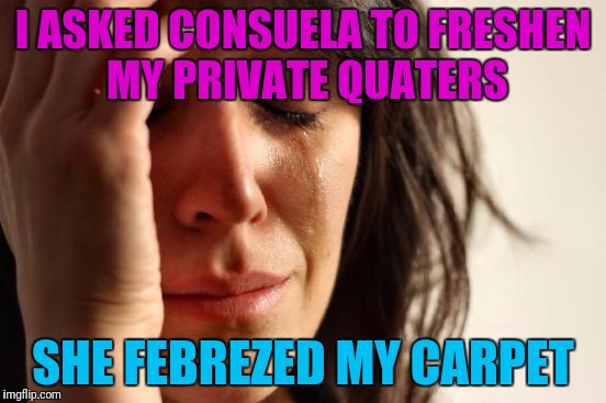 First World Problems Meme | I ASKED CONSUELA TO FRESHEN MY PRIVATE QUATERS; SHE FEBREZED MY CARPET | image tagged in memes,first world problems | made w/ Imgflip meme maker