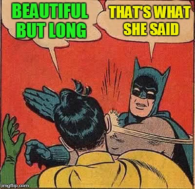 Batman Slapping Robin Meme | BEAUTIFUL BUT LONG THAT'S WHAT SHE SAID | image tagged in memes,batman slapping robin | made w/ Imgflip meme maker