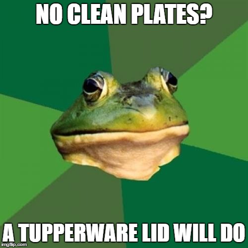 Foul Bachelor Frog | NO CLEAN PLATES? A TUPPERWARE LID WILL DO | image tagged in memes,foul bachelor frog | made w/ Imgflip meme maker