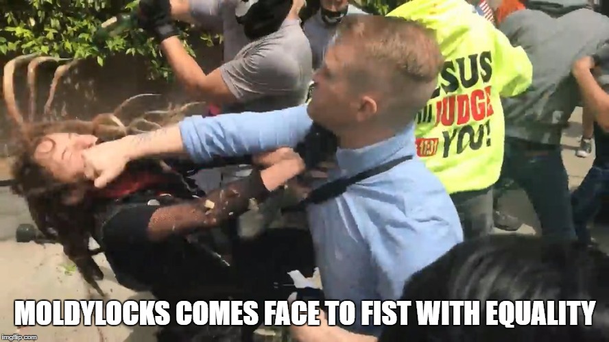 Berkeley Falcon Punch | MOLDYLOCKS COMES FACE TO FIST WITH EQUALITY | image tagged in berkeley falcon punch | made w/ Imgflip meme maker