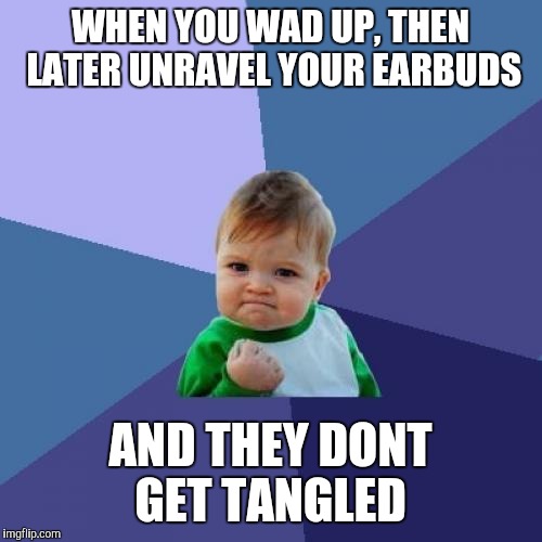 Success Kid Meme | WHEN YOU WAD UP, THEN LATER UNRAVEL YOUR EARBUDS; AND THEY DONT GET TANGLED | image tagged in memes,success kid | made w/ Imgflip meme maker