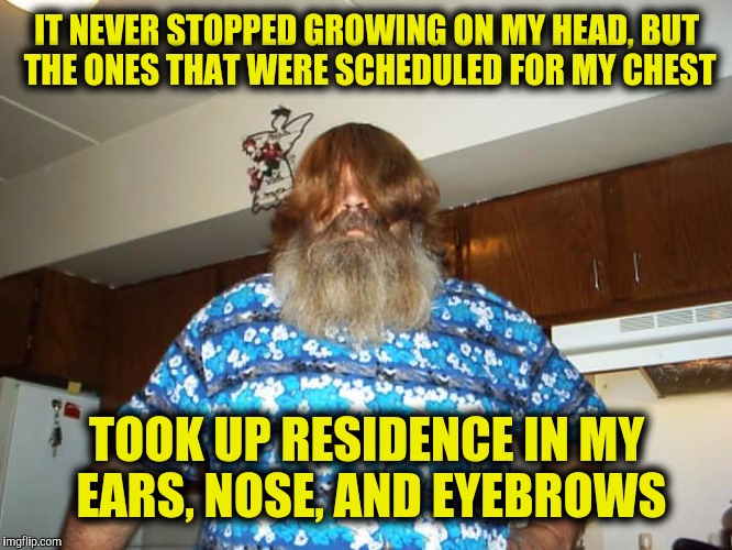 IT NEVER STOPPED GROWING ON MY HEAD, BUT THE ONES THAT WERE SCHEDULED FOR MY CHEST TOOK UP RESIDENCE IN MY EARS, NOSE, AND EYEBROWS | made w/ Imgflip meme maker