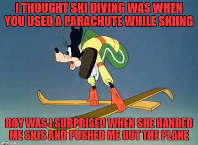 I THOUGHT SKI DIVING WAS WHEN YOU USED A PARACHUTE WHILE SKIING BOY WAS I SURPRISED WHEN SHE HANDED ME SKIS AND PUSHED ME OUT THE PLANE | made w/ Imgflip meme maker