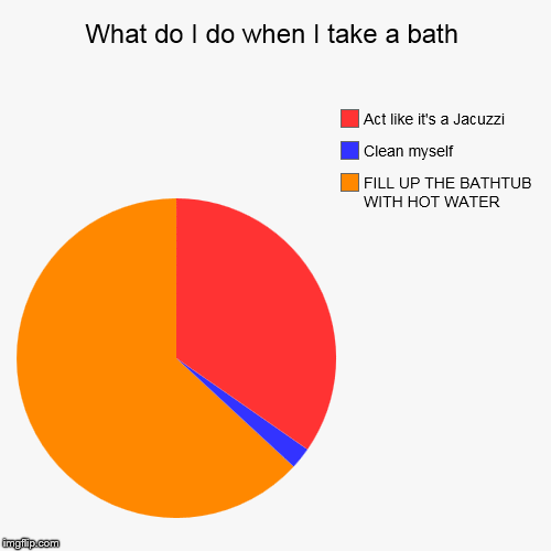 What do I do when I take a bath | FILL UP THE BATHTUB WITH HOT WATER, Clean myself, Act like it's a Jacuzzi | image tagged in funny,pie charts | made w/ Imgflip chart maker