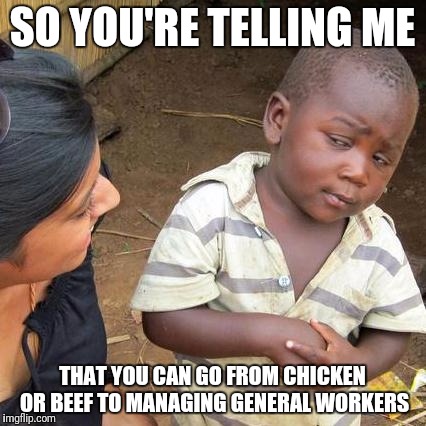 Third World Skeptical Kid Meme | SO YOU'RE TELLING ME; THAT YOU CAN GO FROM CHICKEN OR BEEF TO MANAGING GENERAL WORKERS | image tagged in memes,third world skeptical kid | made w/ Imgflip meme maker