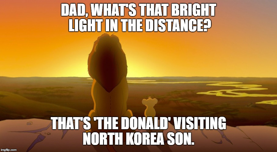 DAD, WHAT'S THAT BRIGHT LIGHT IN THE DISTANCE? THAT'S 'THE DONALD' VISITING NORTH KOREA SON. | image tagged in donald trump,political,lunatics | made w/ Imgflip meme maker