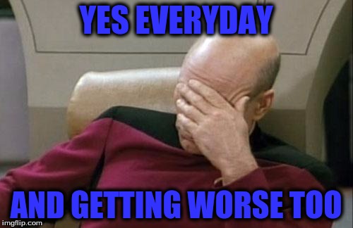 Captain Picard Facepalm Meme | YES EVERYDAY AND GETTING WORSE TOO | image tagged in memes,captain picard facepalm | made w/ Imgflip meme maker