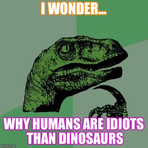 Philosoraptor | I WONDER... WHY HUMANS ARE IDIOTS THAN DINOSAURS | image tagged in memes,philosoraptor | made w/ Imgflip meme maker