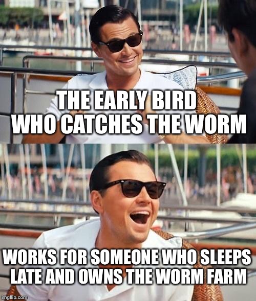 Leonardo Dicaprio Wolf Of Wall Street | THE EARLY BIRD WHO CATCHES THE WORM; WORKS FOR SOMEONE WHO SLEEPS LATE AND OWNS THE WORM FARM | image tagged in memes,leonardo dicaprio wolf of wall street | made w/ Imgflip meme maker