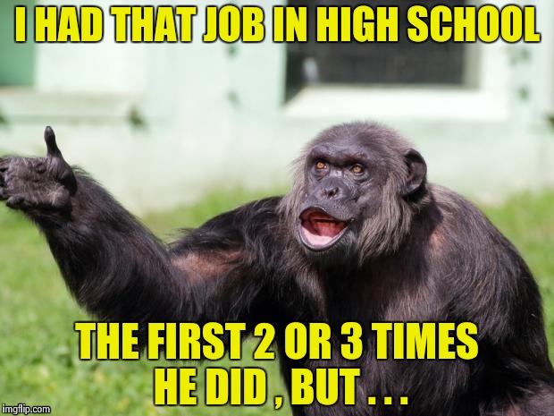 Gorilla your dreams | I HAD THAT JOB IN HIGH SCHOOL THE FIRST 2 OR 3 TIMES HE DID , BUT . . . | image tagged in gorilla your dreams | made w/ Imgflip meme maker
