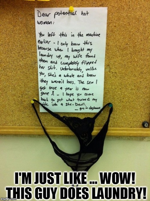 What Came Out in the Wash | I'M JUST LIKE ... WOW! THIS GUY DOES LAUNDRY! | image tagged in meme,funny,marriage,misunderstandings,lingerie | made w/ Imgflip meme maker