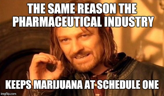 One Does Not Simply Meme | THE SAME REASON THE PHARMACEUTICAL INDUSTRY KEEPS MARIJUANA AT SCHEDULE ONE | image tagged in memes,one does not simply | made w/ Imgflip meme maker