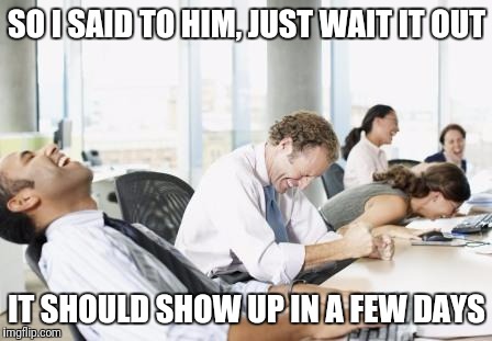 LAUGHING OFFICE | SO I SAID TO HIM, JUST WAIT IT OUT; IT SHOULD SHOW UP IN A FEW DAYS | image tagged in laughing office | made w/ Imgflip meme maker
