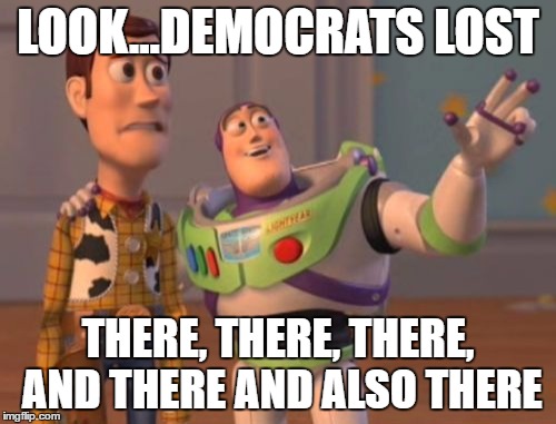 X, X Everywhere | LOOK...DEMOCRATS LOST; THERE, THERE, THERE, AND THERE AND ALSO THERE | image tagged in memes,x x everywhere | made w/ Imgflip meme maker