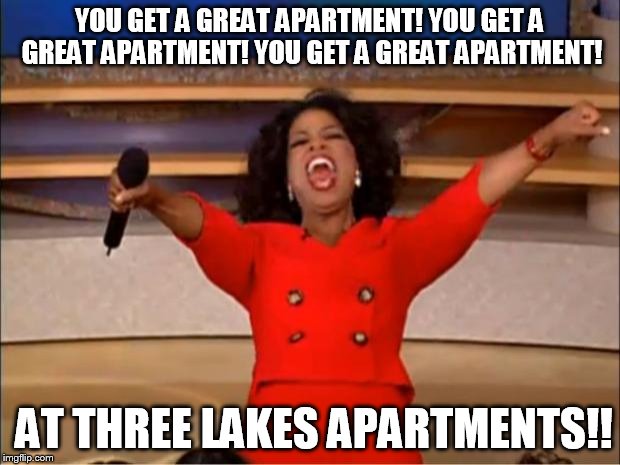 Oprah You Get A Meme | YOU GET A GREAT APARTMENT! YOU GET A GREAT APARTMENT! YOU GET A GREAT APARTMENT! AT THREE LAKES APARTMENTS!! | image tagged in memes,oprah you get a | made w/ Imgflip meme maker
