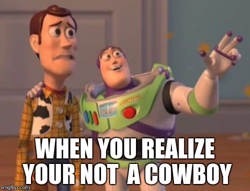 X, X Everywhere Meme | WHEN YOU REALIZE YOUR NOT
 A COWBOY | image tagged in memes,x x everywhere | made w/ Imgflip meme maker