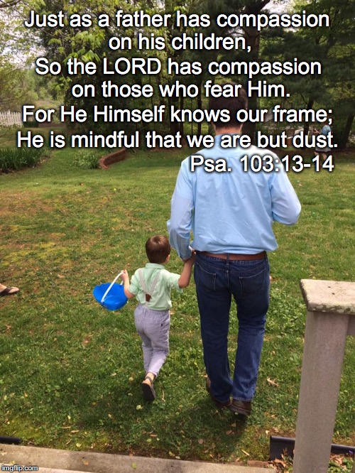 Just as a father has compassion on his children, So the LORD has compassion on those who fear Him. For He Himself knows our frame;; He is mindful that we are but dust. Psa. 103:13-14 | image tagged in compassion | made w/ Imgflip meme maker