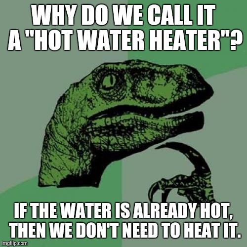 Honestly?! | WHY DO WE CALL IT A "HOT WATER HEATER"? IF THE WATER IS ALREADY HOT, THEN WE DON'T NEED TO HEAT IT. | image tagged in memes,philosoraptor | made w/ Imgflip meme maker
