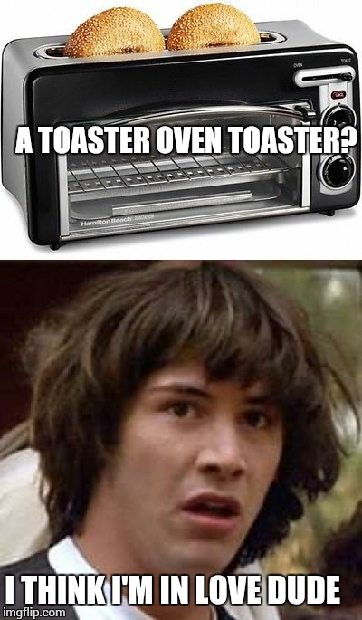 Hey, you guys hungry? | A TOASTER OVEN TOASTER? I THINK I'M IN LOVE DUDE | image tagged in conspiracy keanu | made w/ Imgflip meme maker