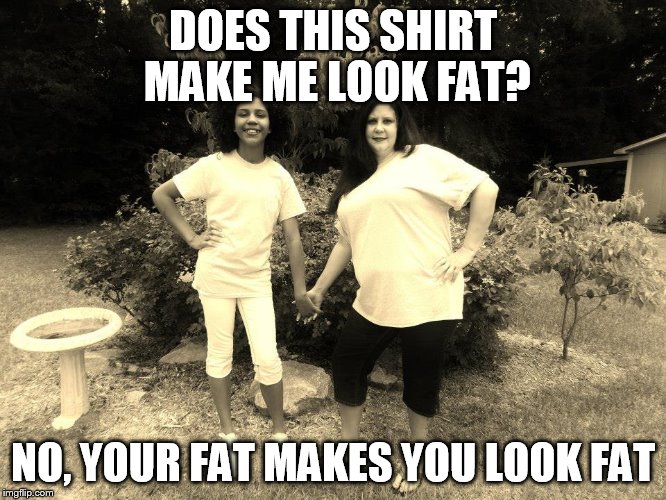 Clothes Don't Make You look Fat | DOES THIS SHIRT MAKE ME LOOK FAT? NO, YOUR FAT MAKES YOU LOOK FAT | image tagged in fat chicks | made w/ Imgflip meme maker