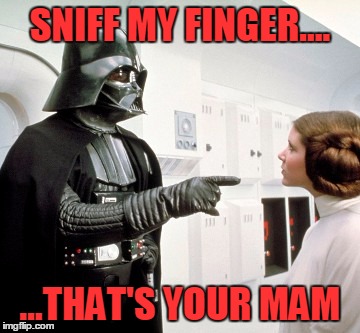 Smell your Mam! | SNIFF MY FINGER.... ...THAT'S YOUR MAM | image tagged in darth vader finger pointing,sniff,fingering,finger point,mom | made w/ Imgflip meme maker