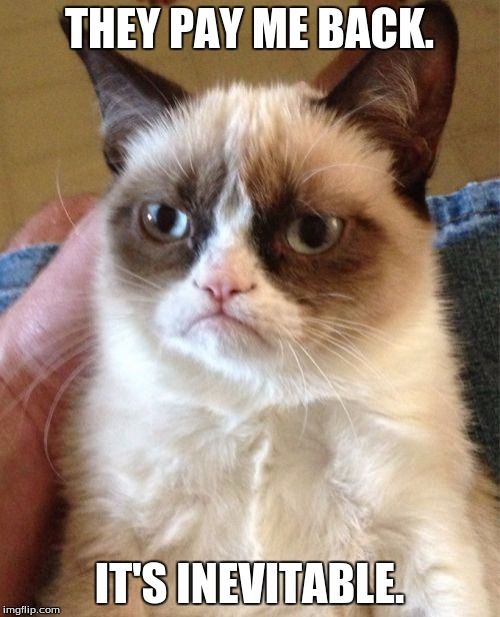 Grumpy Cat Meme | THEY PAY ME BACK. IT'S INEVITABLE. | image tagged in memes,grumpy cat | made w/ Imgflip meme maker