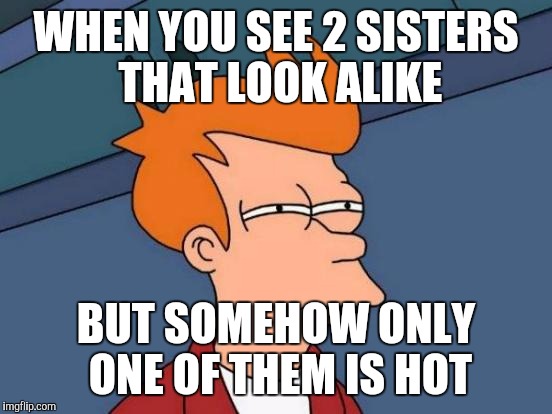 Futurama Fry | WHEN YOU SEE 2 SISTERS THAT LOOK ALIKE; BUT SOMEHOW ONLY ONE OF THEM IS HOT | image tagged in memes,futurama fry | made w/ Imgflip meme maker