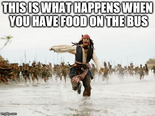 Jack Sparrow Being Chased Meme | THIS IS WHAT HAPPENS WHEN YOU HAVE FOOD ON THE BUS | image tagged in memes,jack sparrow being chased | made w/ Imgflip meme maker