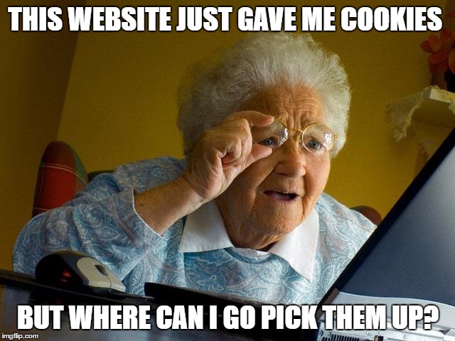 cookies | THIS WEBSITE JUST GAVE ME COOKIES; BUT WHERE CAN I GO PICK THEM UP? | image tagged in memes,grandma finds the internet,computer,cookies,baking | made w/ Imgflip meme maker