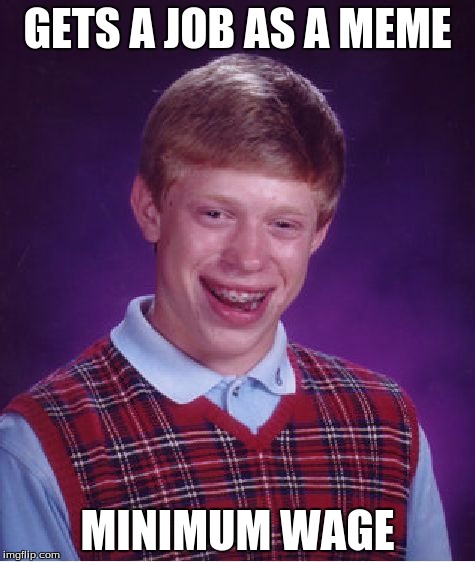 Bad Luck Brian | GETS A JOB AS A MEME; MINIMUM WAGE | image tagged in memes,bad luck brian | made w/ Imgflip meme maker